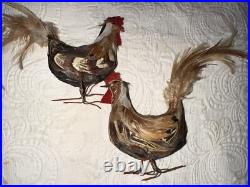 Antique German Miniature Figural Roosters With Real Feathers Wire Feet Antique German Miniature Figural Roosters With Real Feathers Wire Feet