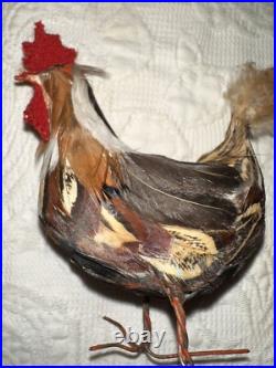 Antique German Miniature Figural Roosters With Real Feathers Wire Feet Antique German Miniature Figural Roosters With Real Feathers Wire Feet