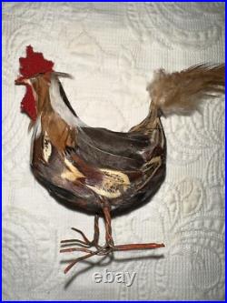 Antique German Miniature Figural Roosters With Real Feathers Wire Feet Antique German Miniature Figural Roosters With Real Feathers Wire Feet