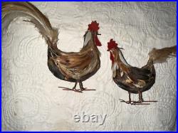 Antique German Miniature Figural Roosters With Real Feathers Wire Feet Antique German Miniature Figural Roosters With Real Feathers Wire Feet