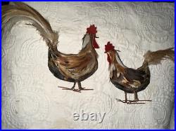 Antique German Miniature Figural Roosters With Real Feathers Wire Feet Antique German Miniature Figural Roosters With Real Feathers Wire Feet