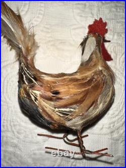 Antique German Miniature Figural Roosters With Real Feathers Wire Feet Antique German Miniature Figural Roosters With Real Feathers Wire Feet