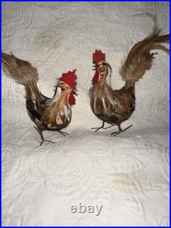 Antique German Miniature Figural Roosters With Real Feathers Wire Feet Antique German Miniature Figural Roosters With Real Feathers Wire Feet