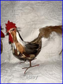 Antique German Miniature Figural Roosters With Real Feathers Wire Feet Antique German Miniature Figural Roosters With Real Feathers Wire Feet