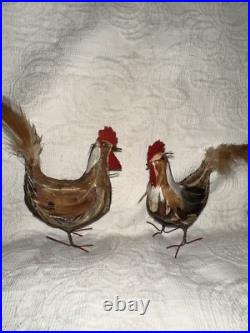 Antique German Miniature Figural Roosters With Real Feathers Wire Feet Antique German Miniature Figural Roosters With Real Feathers Wire Feet