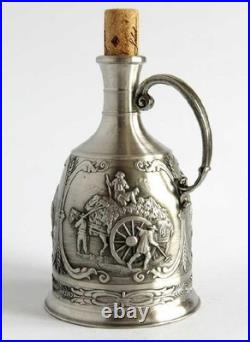 Antique German Pewter Decanter Zinn 95% SKS Bottle Relief Barware Vintage