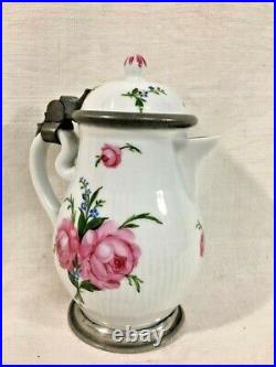 Antique German Pewter-Mounted Porcelain Pitcher Deutsche Blumen Floral mid 1800s