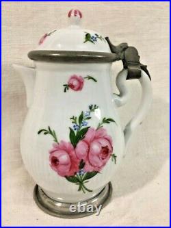 Antique German Pewter-Mounted Porcelain Pitcher Deutsche Blumen Floral mid 1800s