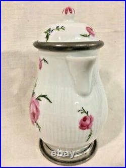 Antique German Pewter-Mounted Porcelain Pitcher Deutsche Blumen Floral mid 1800s