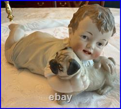 Antique German Piano Baby With Pug Puppy, LARGE 11 RARE