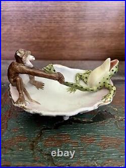 Antique German Porcelain Frog and Monkey Fairing Trinket Dish Circa 1870 Antique German Porcelain Frog and Monkey Fairing Trinket Dish Circa 1870