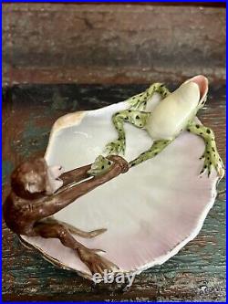 Antique German Porcelain Frog and Monkey Fairing Trinket Dish Circa 1870 Antique German Porcelain Frog and Monkey Fairing Trinket Dish Circa 1870