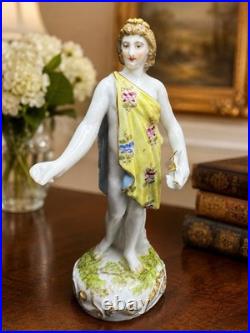 Antique German Porcelain Lady Figurine Hand Painted Floral Dress Gold Accent