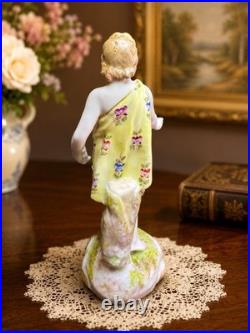 Antique German Porcelain Lady Figurine Hand Painted Floral Dress Gold Accent