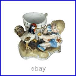 Antique German Porcelain Match Holder Girl with Rooster and Barrel Striker Vtg