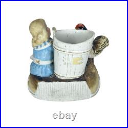 Antique German Porcelain Match Holder Girl with Rooster and Barrel Striker Vtg