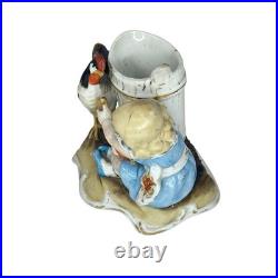 Antique German Porcelain Match Holder Girl with Rooster and Barrel Striker Vtg