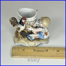 Antique German Porcelain Match Holder Girl with Rooster and Barrel Striker Vtg