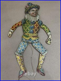 Antique German Pull String Clown Jester Jumping Jack Litho Paper On Wood Vintage Antique German Pull String Clown Jester Jumping Jack Litho Paper On Wood Vintage
