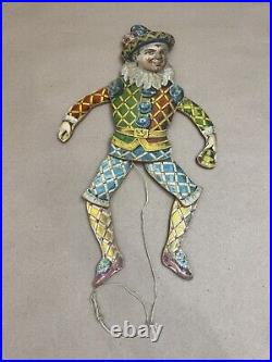 Antique German Pull String Clown Jester Jumping Jack Litho Paper On Wood Vintage Antique German Pull String Clown Jester Jumping Jack Litho Paper On Wood Vintage