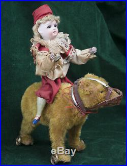 Antique German Pull Toy Bisque Clown Doll with a Wheeled Bear