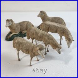 Antique German Putz Christmas Nativity Stick Leg Composition Sheep Herd Of 5 Vtg