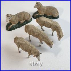 Antique German Putz Christmas Nativity Stick Leg Composition Sheep Herd Of 5 Vtg