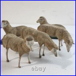 Antique German Putz Christmas Nativity Stick Leg Composition Sheep Herd Of 5 Vtg