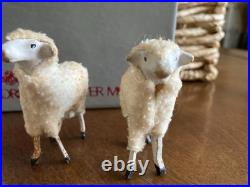 Antique German Putz Wood Sheep Stick Leg Flocked Sheep Lot Of 3