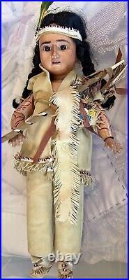 Antique German Rare 16 American Indian Doll With Tattooed Arms All Original