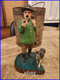 Antique German Räuchermann Smoking Man Hunter with Dog. Hand Carved. Early 1900s