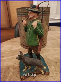 Antique German Räuchermann Smoking Man Hunter with Dog. Hand Carved. Early 1900s