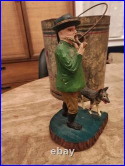 Antique German Räuchermann Smoking Man Hunter with Dog. Hand Carved. Early 1900s