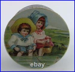 Antique German Round Paper Candy Container Box Boy & Girl Playing Sailboat Water