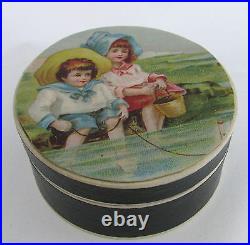 Antique German Round Paper Candy Container Box Boy & Girl Playing Sailboat Water