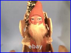 Antique German Santa in Sleigh Celluloid Reindeer Christmas Rabbit Fur Beard