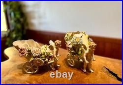 Antique German Schierholz Porcelain Flower Encrusted Cherub Wagon Vase Pair