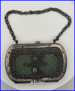 Antique German (Silesian) Iron Wirework Purse with Green Fabric & Chain Handle