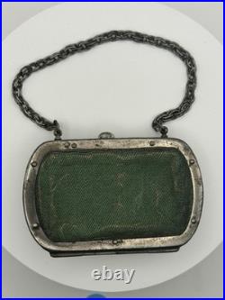 Antique German (Silesian) Iron Wirework Purse with Green Fabric & Chain Handle
