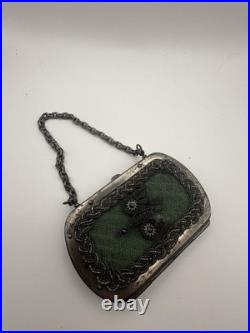 Antique German (Silesian) Iron Wirework Purse with Green Fabric & Chain Handle