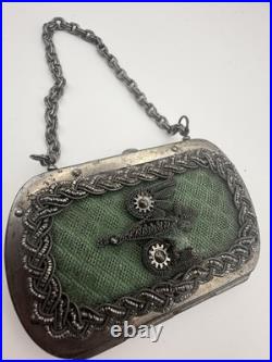 Antique German (Silesian) Iron Wirework Purse with Green Fabric & Chain Handle