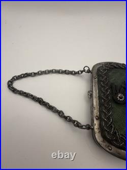 Antique German (Silesian) Iron Wirework Purse with Green Fabric & Chain Handle