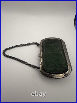 Antique German (Silesian) Iron Wirework Purse with Green Fabric & Chain Handle