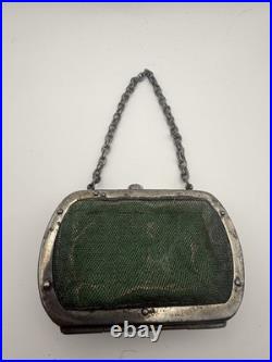 Antique German (Silesian) Iron Wirework Purse with Green Fabric & Chain Handle