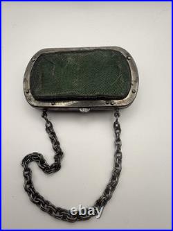 Antique German (Silesian) Iron Wirework Purse with Green Fabric & Chain Handle