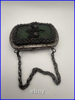 Antique German (Silesian) Iron Wirework Purse with Green Fabric & Chain Handle