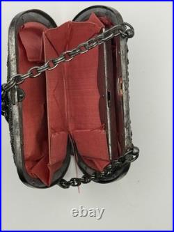Antique German (Silesian) Iron Wirework Purse with Green Fabric & Chain Handle