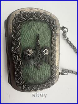 Antique German (Silesian) Iron Wirework Purse with Green Fabric & Chain Handle