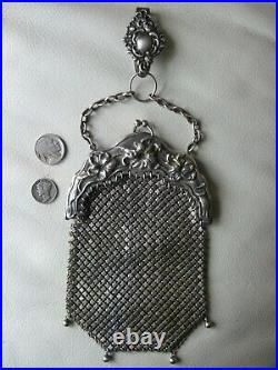 Antique German Silver Chatelaine Floral Frame 4 Tassel Chain Mail Kilt Purse