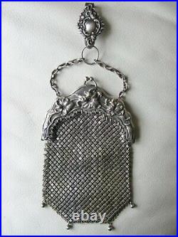 Antique German Silver Chatelaine Floral Frame 4 Tassel Chain Mail Kilt Purse